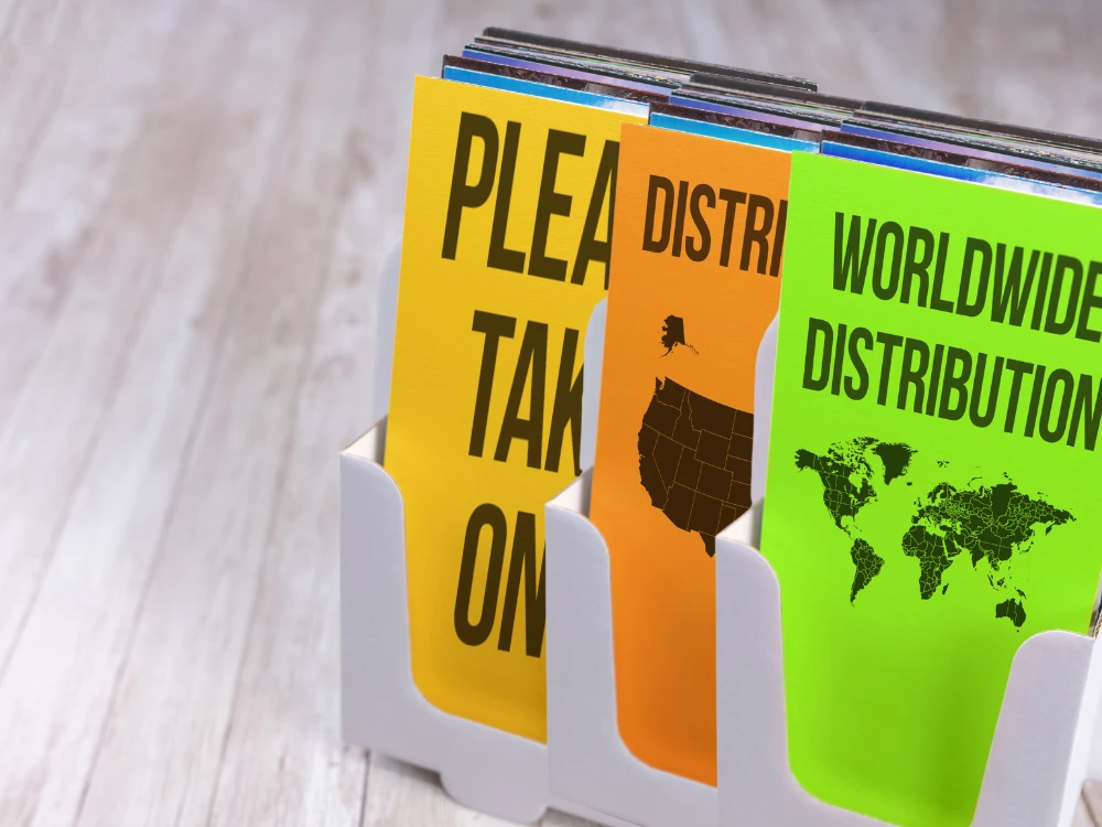 Stack of printed flyers with one clear headline and offer